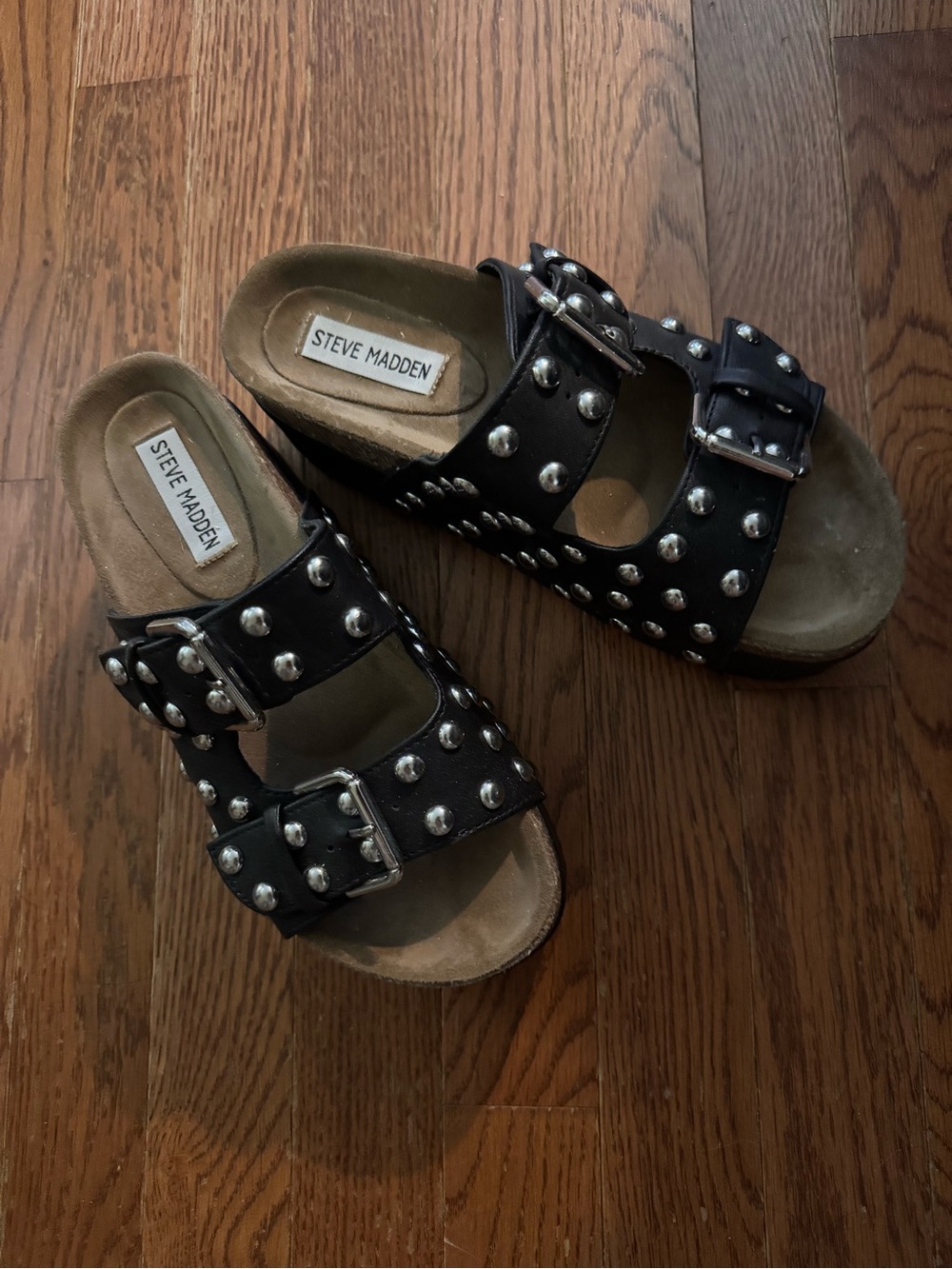 Steve Madden Black Studded Double Buckle Sandals sz 6.5